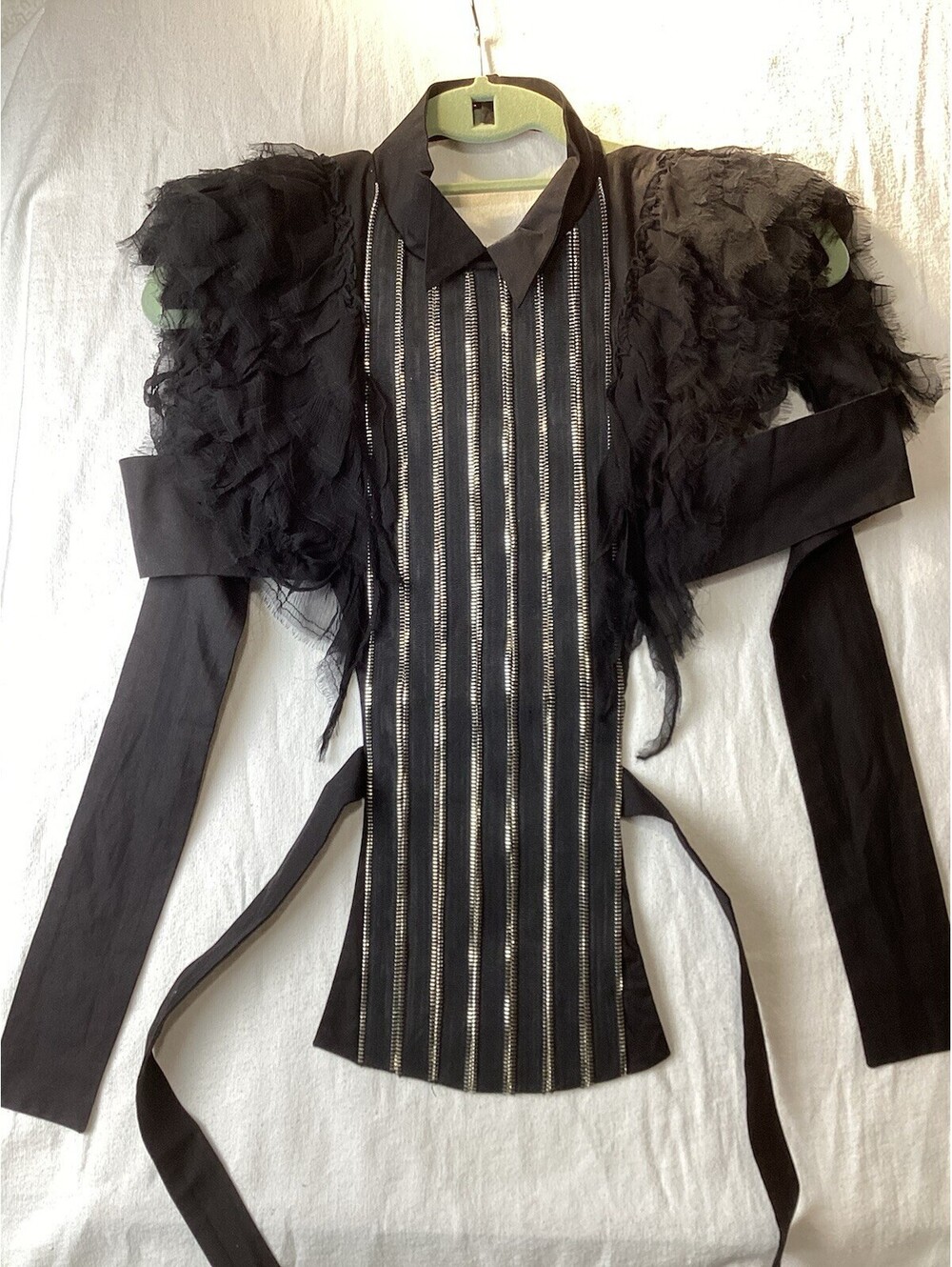 Anne Fountaine Black Ruffled Silk And Cotton Blouse W/ Silver Detail  $1,350